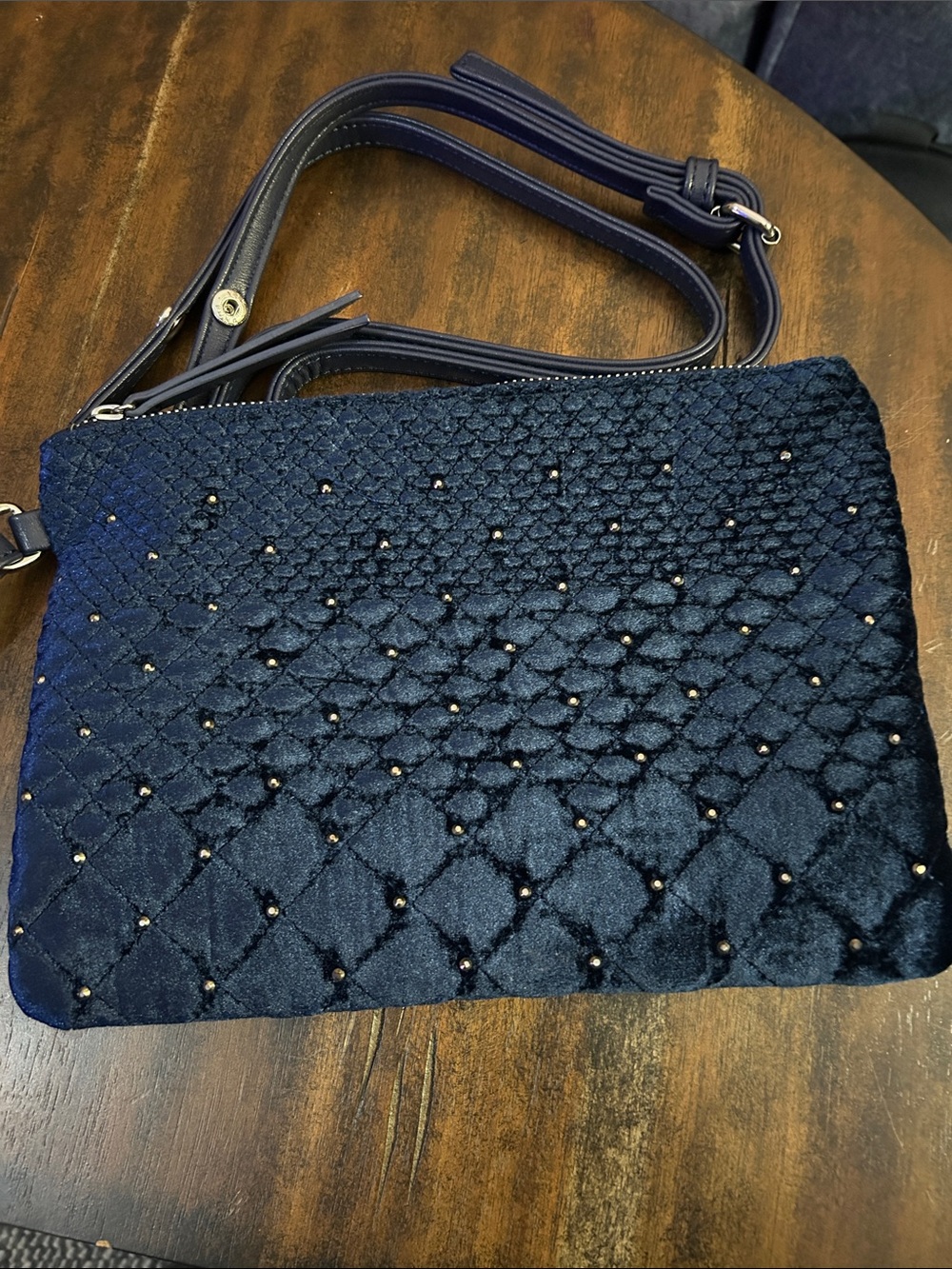 Quilted Navy Velvet Crossbody with Stud Accent